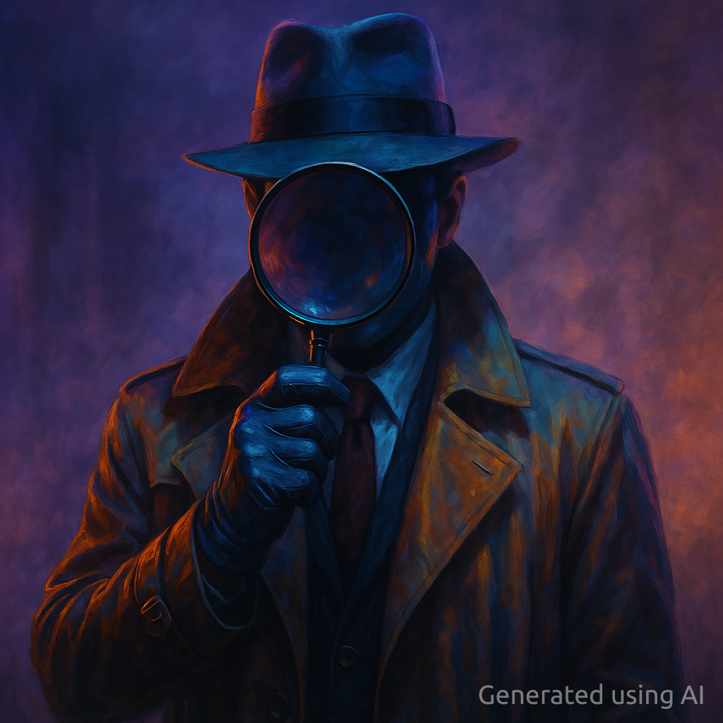 An image of an inspector with a magnifying glass. Please note that this images was generate using AI (Copilot).