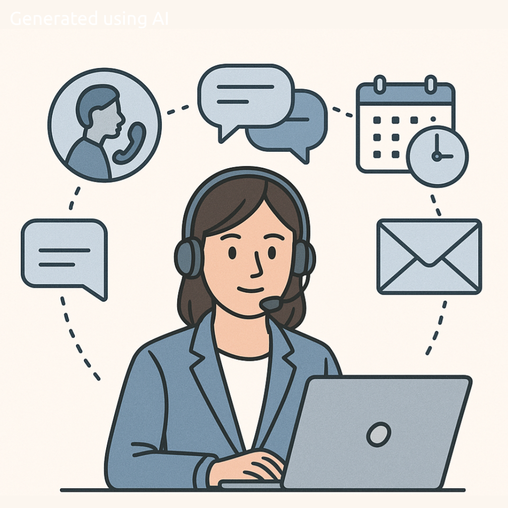 An image of a person with a headset in front of a laptop, surrounded by icons such as a speech bubble, email envelope, and calendar. Please note that this images was generate using AI (Copilot).