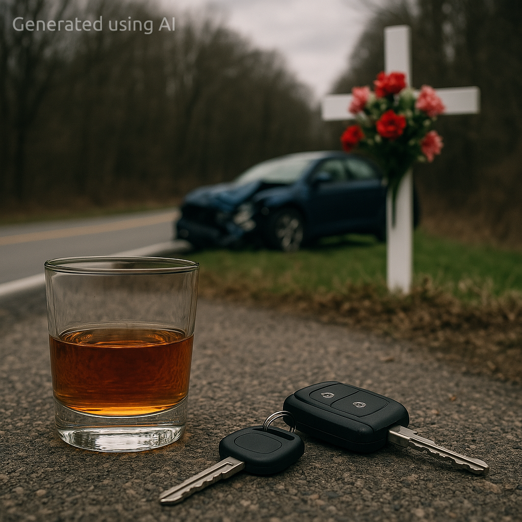 Alcohol, a crashed car, and flowers. Please note that this image was created using AI (Copilot).