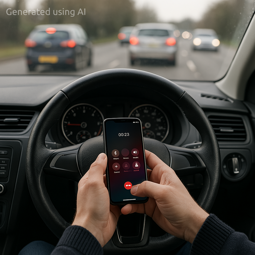 Person using mobile phone whilst driving car. Please note that this image was created using AI (Copilot).